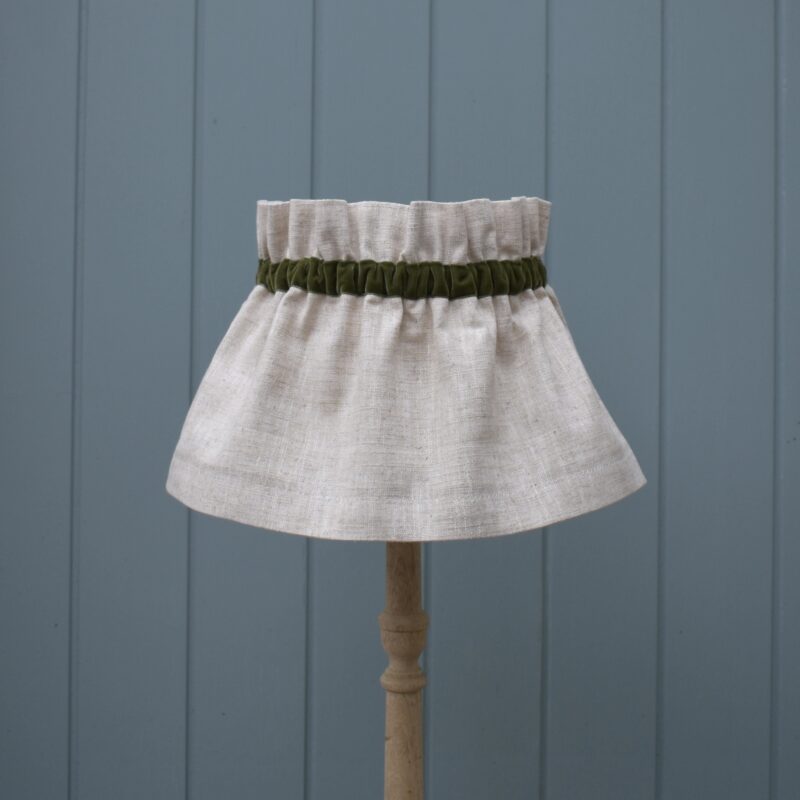 Dolly Natural Linen Scrunchie Lampshade with a green velvet trim